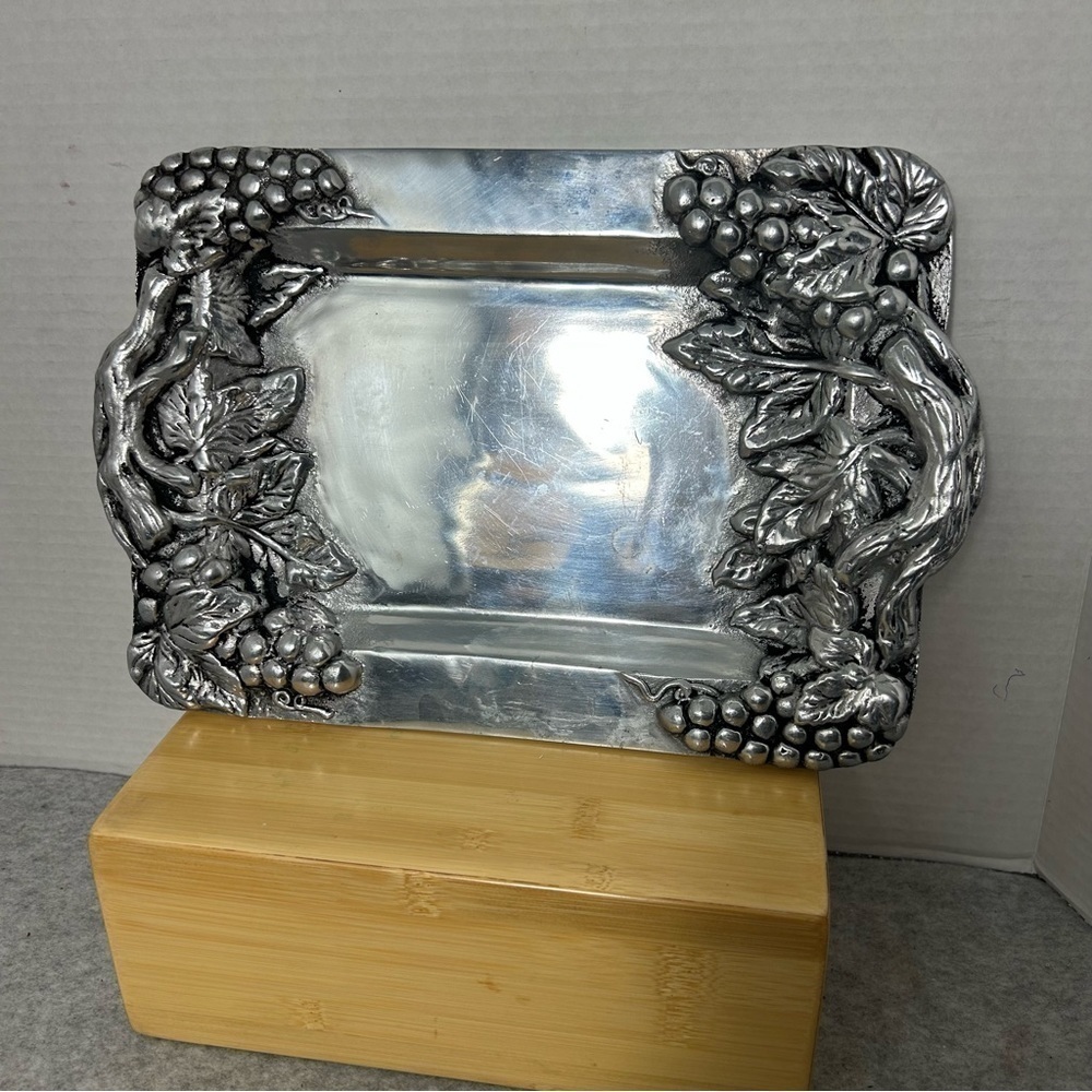 Vintage Mexican Pewter Serving Tray Grape Leaf Motif Heavy